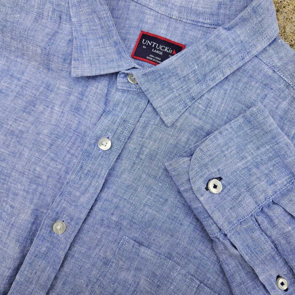 UNTUCKit Mens Large Blue Linen Long Sleeve Button Up Dress Shirt Preppy Classy - Picture 3 of 4